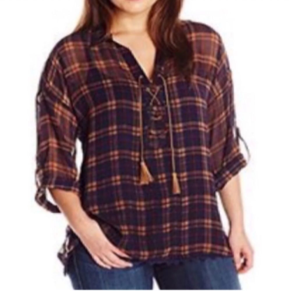Democracy Sheer Plaid Lace Up Roll Tab Shirt - Medium